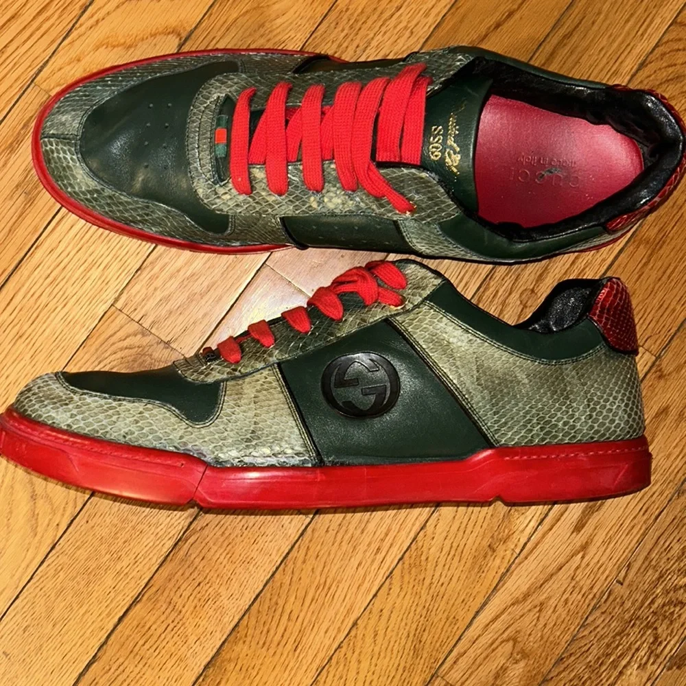 GUCCI RARE sz 15.5!! limited edition SS09 green python & leather GG LUXE- flaws